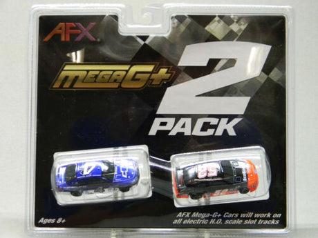 Two vibrant racing slot cars in a twin pack by AFX Mega-G, featuring sleek blue and orange designs, ready to race on all compatible slot car tracks.