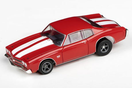Red 1970 Chevelle 454 slot car with white racing stripes