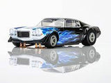 Sleek 1973 Camaro Wildfire slot car in black and blue hues, showcasing its powerful design and dynamic racing styling.