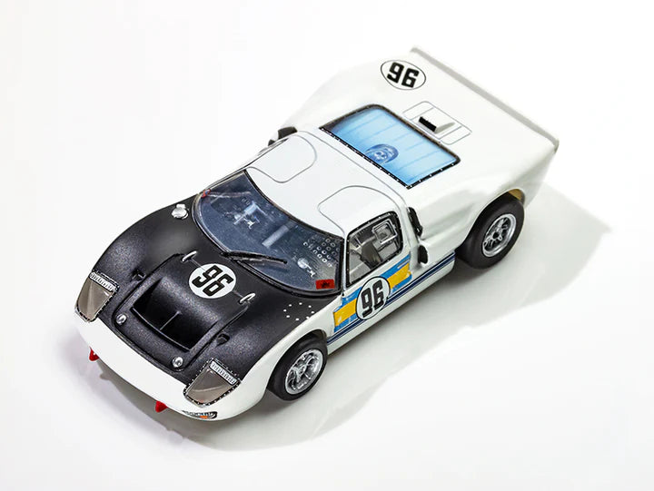 Detailed white and black AFX HO Mega G+ Ford GT40 Mark II #96 Daytona slot car model with vibrant blue and yellow accents.