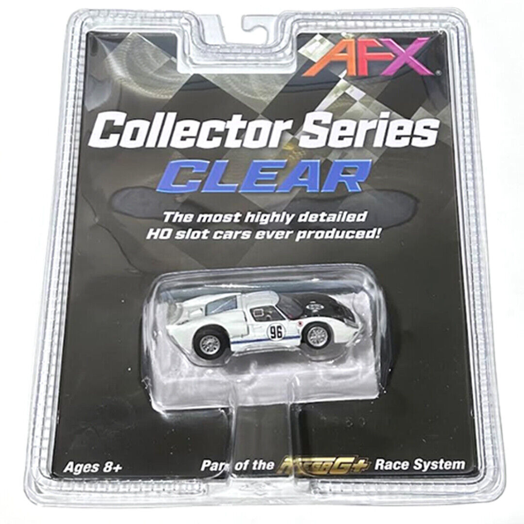 Detailed AFX Collector Series clear Ford GT40 Mark II #96 Daytona slot car, showcased in a transparent plastic packaging with black and colorful branding.