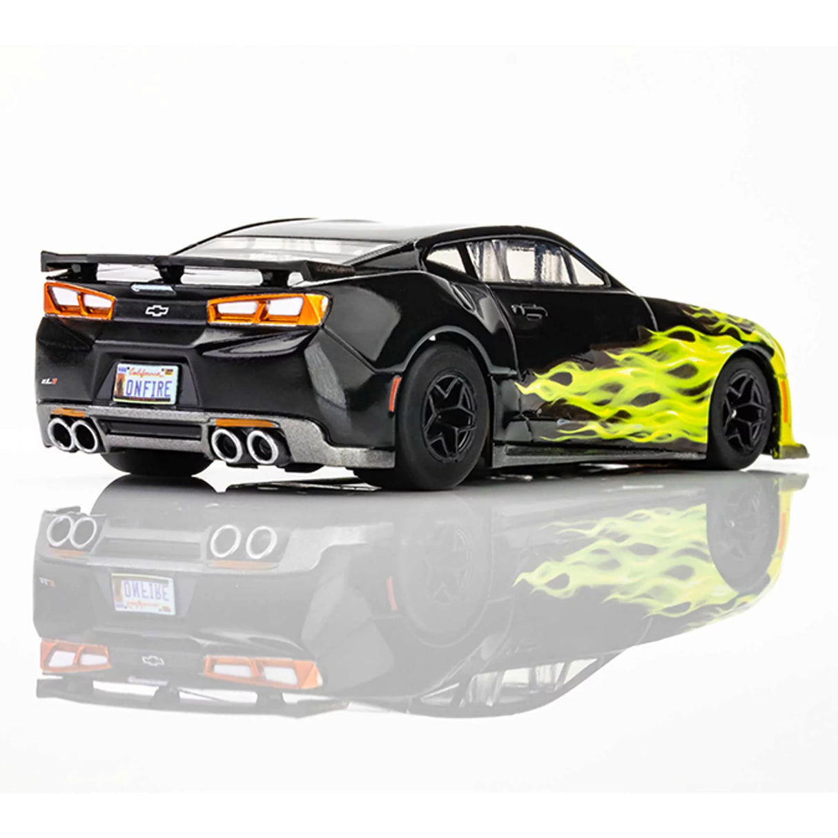 Sleek black Camaro ZL1 slot car with vibrant lime green flame decals, showcasing a powerful and dynamic racing design.