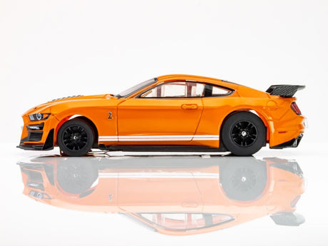 Vibrant orange Ford Mustang GT500 Twister slot car with sleek design and black accents.