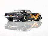 Detailed 1973 Camaro Wildfire model in black, yellow, and orange design. Realistic slot car replica with sleek sports car styling.