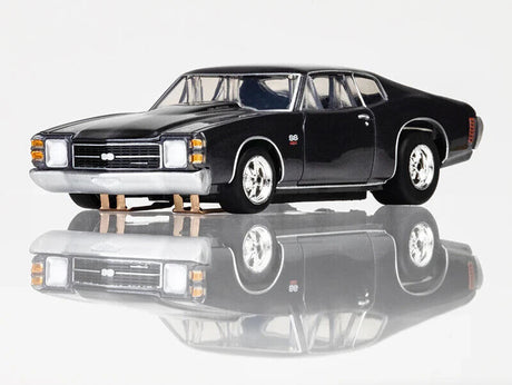 Black Mega G Chevelle SS454 Slot Car, detailed racing model with sleek design and powerful performance.