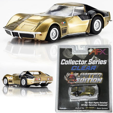 Detailed gold and black 1969 Astro Vette LMP12 slot car from the AFX Collector Series limited edition, featuring high-quality graphics and racing-ready design.