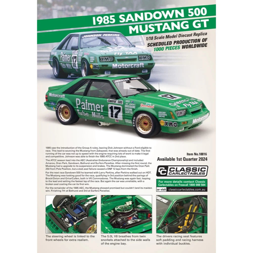 Classic Carlectables 18816 1/18 1985 Sandown 500 Mustang GT Diecast Model - Hobbytech Toys