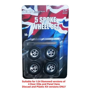 DDA 1/24 5 Spoke Chrome Wheels w/Tyres & Axles - Suits Slammed Models - Holden HQ & HJ - Ford XW & XY (4pcs) - Hobbytech Toys