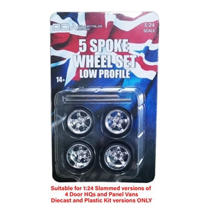 DDA 1/24 Low Profile Chrome 5 Spoke Wheels w/Tyres & Axles - Suits Slammed Models - Holden HQ & HJ - Ford XW & XY (4pcs) - Hobbytech Toys