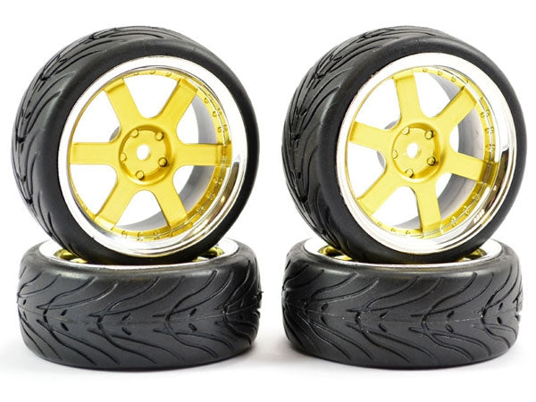 Fastrax 1/10 Street Tread Tyres On 6 Spoke Gold / Chrome Rims (4pcs) - Hobbytech Toys