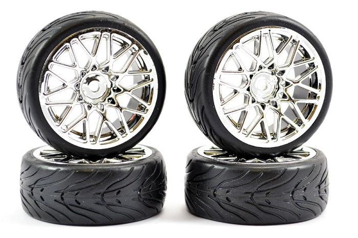 Fastrax 1/10 Street Tread Tyres on Star Spoke Chrome Rims (4pcs) - Hobbytech Toys