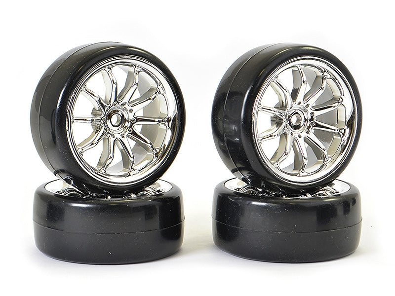 Fastrax 1/10 Street Drift Tyres On 10 Spoke Chrome Rims (4pcs) - Hobbytech Toys