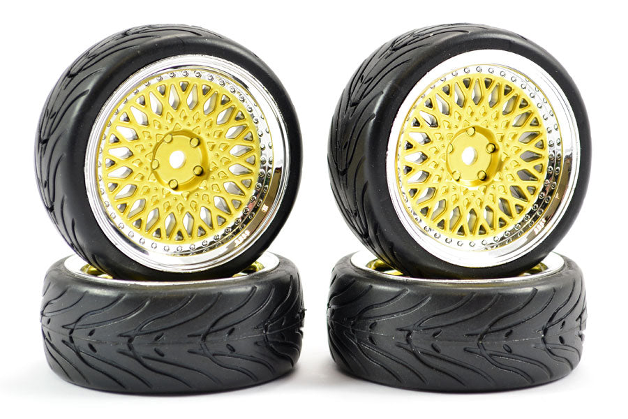 Fastrax 1/10 Street Tread On Road Tyres On Gold/Chrome Wheels (4pcs) - Hobbytech Toys