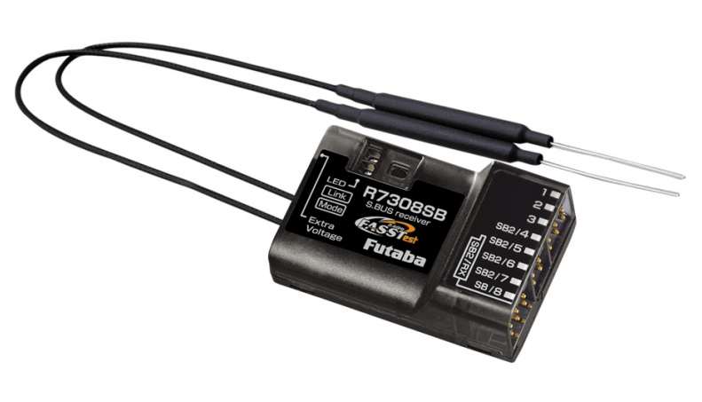 Futaba R7308SB 2.4G S-Bus HV FASSTest receiver for RC planes, featuring modern connectivity and advanced technology.