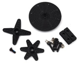 Black high-voltage digital servo components for radio-controlled aircraft, including a circular hub, cross-shaped attachments, and assorted mounting hardware and screws.