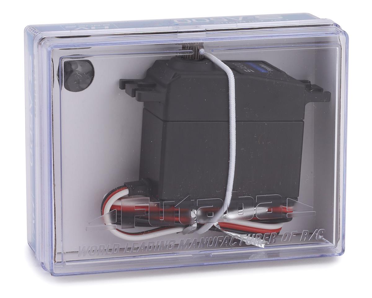 Two black servo motors encased in a clear plastic housing. The Futaba S-A500 S.Bus2 Digital Standard Airplane Servo (High Voltage) is featured, designed for radio-controlled aircraft applications.