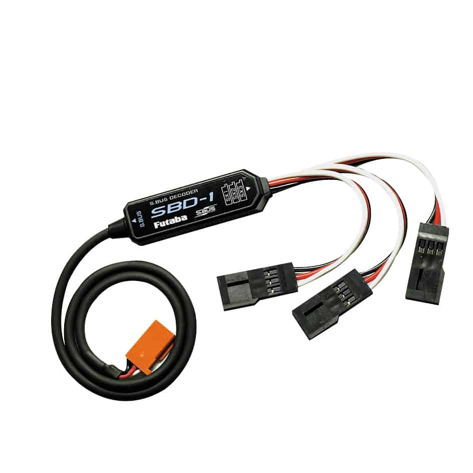 Compact Futaba S-Bus Decoder SBD-1 (600mm) for radio control devices, featuring multiple connection wires and a sleek black design.
