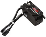 Compact high-performance brushless servo for radio-controlled models, featuring a sleek black design with adjustable controls.