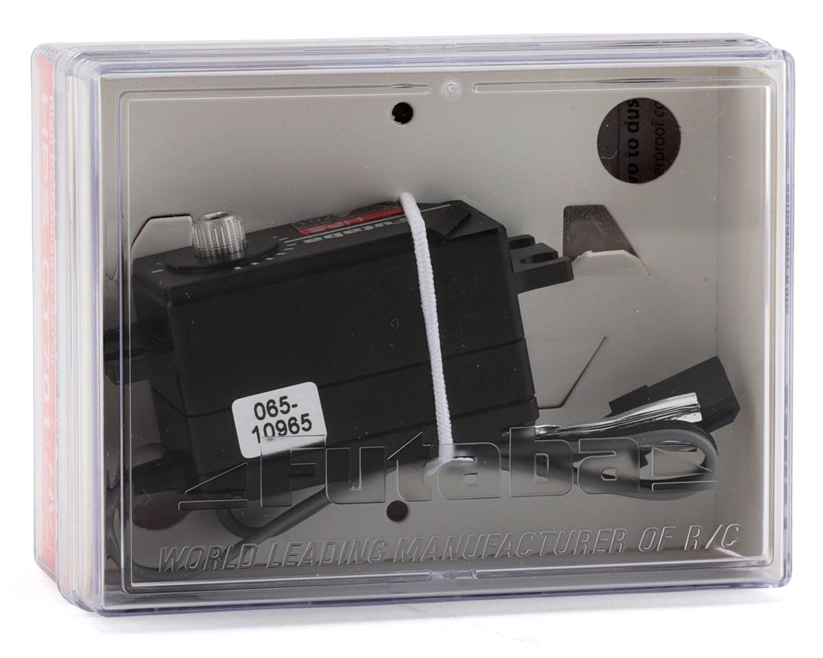 Low-profile Futaba HPS-CT701 high-voltage brushless servo for RC applications, enclosed in a clear protective case.