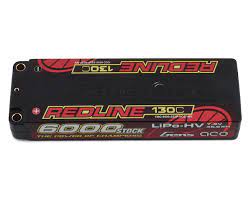 Red and black high-performance Gens Ace 2S Redline 6000mAh 7.6V 130C Hardcase LiPo battery with 5mm bullet connectors.