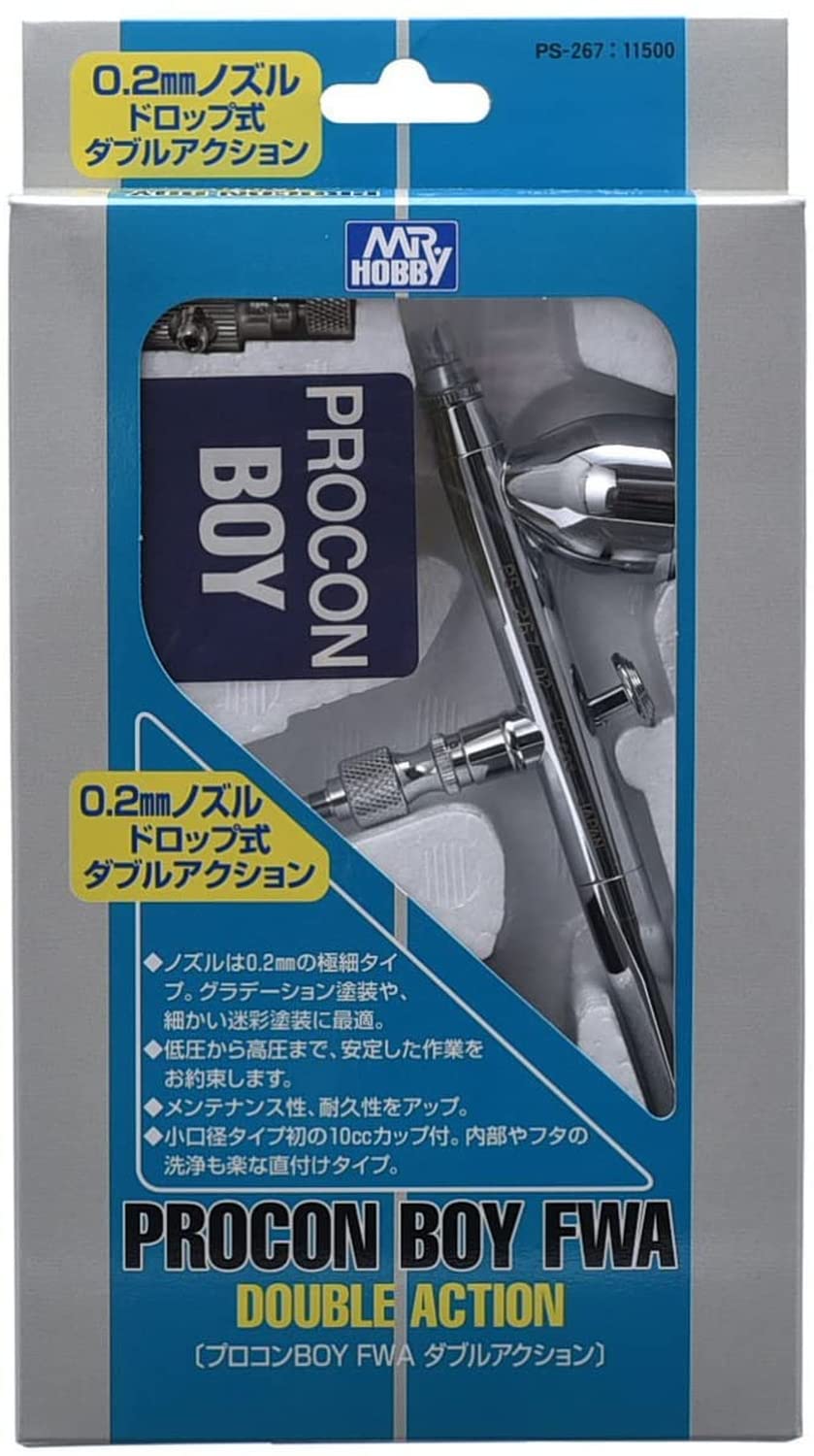 Sleek black and silver Procon Boy FWA 0.2mm dual action airbrush by Mr. Hobby, a specialized tool for precise and controlled airbrushing.