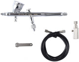 Precision chrome airbrush with 0.2mm dual action nozzle, flexible hose, and cleaning accessories for detailed painting and miniature work.