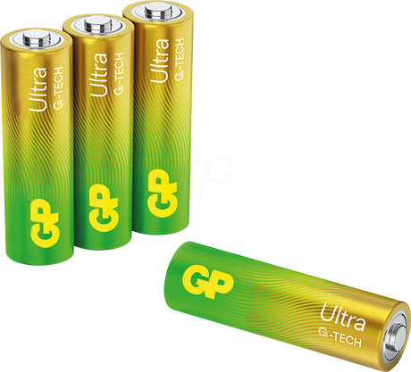 Four AA ultra alkaline heavy duty batteries in a green and yellow gradient color scheme.