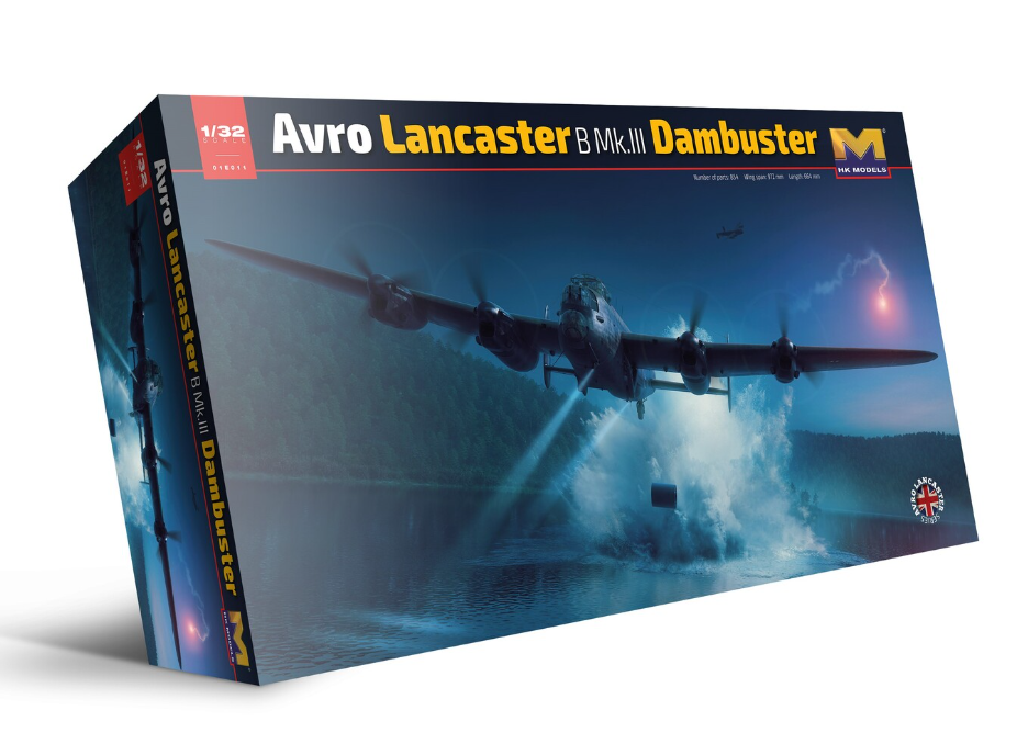 Detailed 1/32 scale plastic model kit of the Avro Lancaster Dambuster bomber aircraft, featuring intricate design and authentic details.