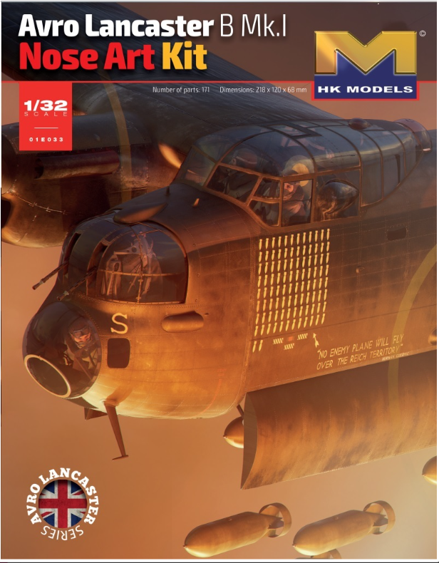 Detailed 1/32 scale plastic model kit of an Avro Lancaster B Mk.I bomber with distinctive nose art, produced by Hong Kong Models.