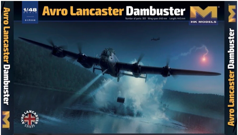 Detailed 1/48 scale Avro Lancaster Dambuster plastic model kit by Hong Kong Models, depicting the iconic WWII bomber in flight.