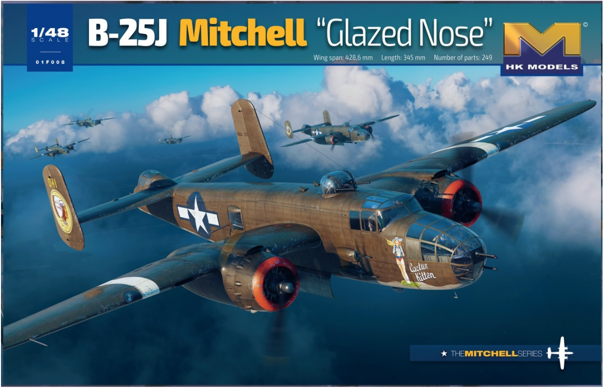 1/48 scale plastic model kit of the B-25J Mitchell "Glazed Nose" bomber aircraft from Hong Kong Models, with detailed exterior features and a dynamic in-flight scene.