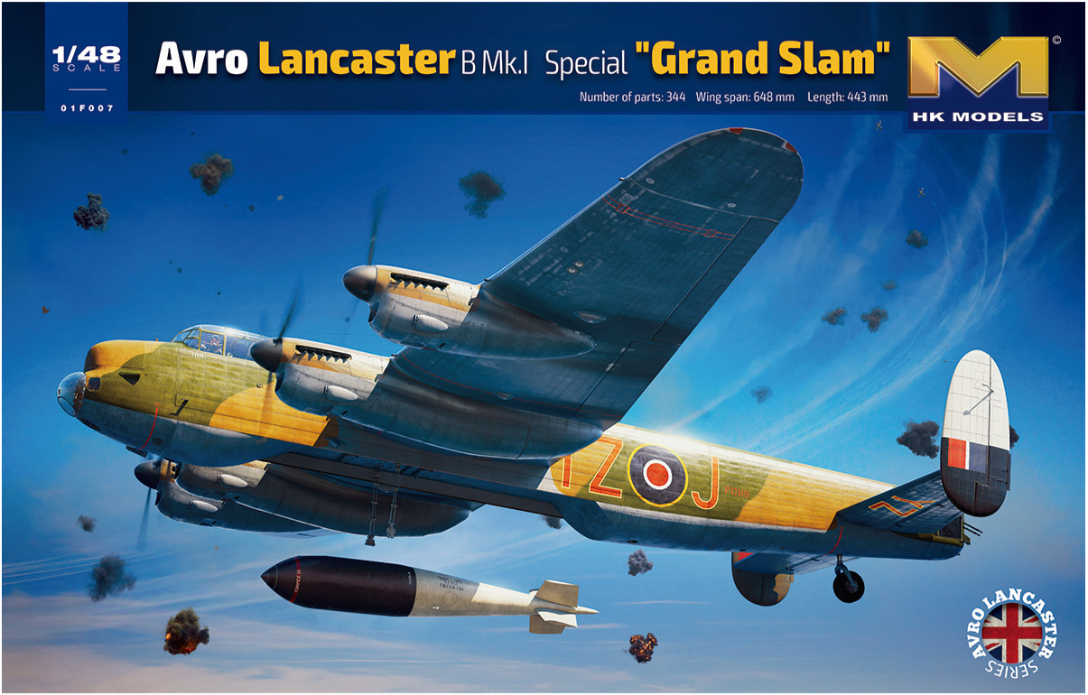 Detailed 1/48 scale model of Avro Lancaster "Grand Slam" bomber aircraft, featuring intricate design and vibrant colors.