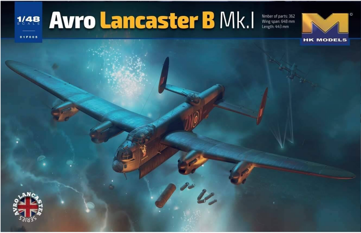 A detailed model of the Avro Lancaster B Mk.I bomber aircraft, featuring its distinct four-engine design and British roundel markings, depicted in a dynamic in-flight scene with exploding ordnance.