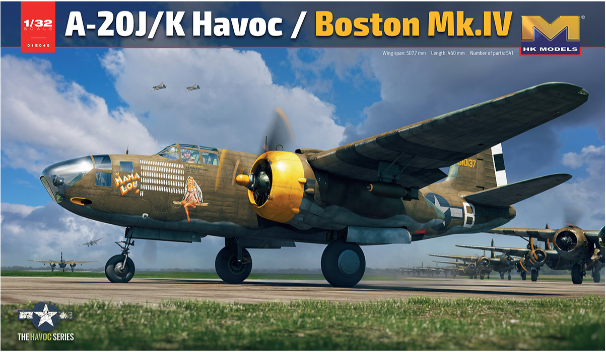 A detailed 1/32 scale model of the A-20J/K Havoc / Boston Mk.IV World War II bomber aircraft, prominently displayed on a grassy field with a cloudy sky in the background.
