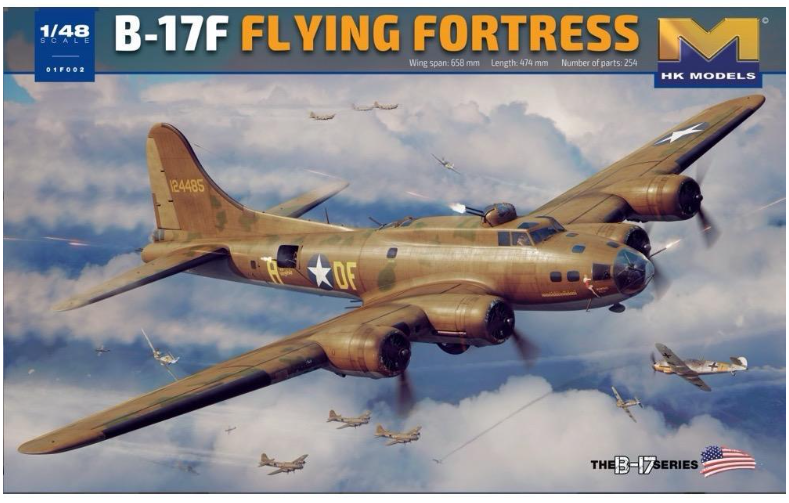 1/48 scale B-17F Flying Fortress plastic model kit by Hong Kong Models, featuring the iconic warplane in flight against a cloudy sky backdrop.