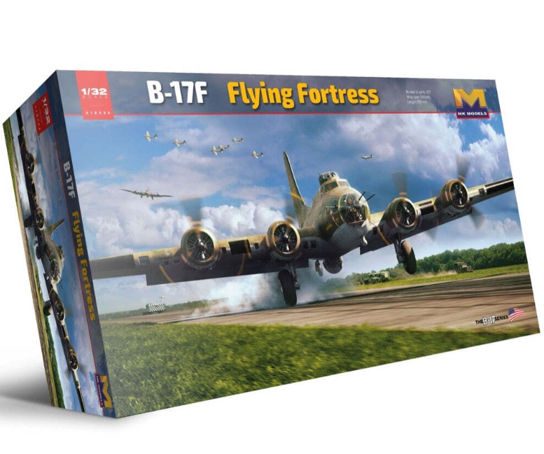 Highly detailed 1/32 scale plastic model kit of the iconic B-17F Flying Fortress bomber aircraft, featuring a realistic flying scene with the plane in motion against a cloudy sky backdrop.