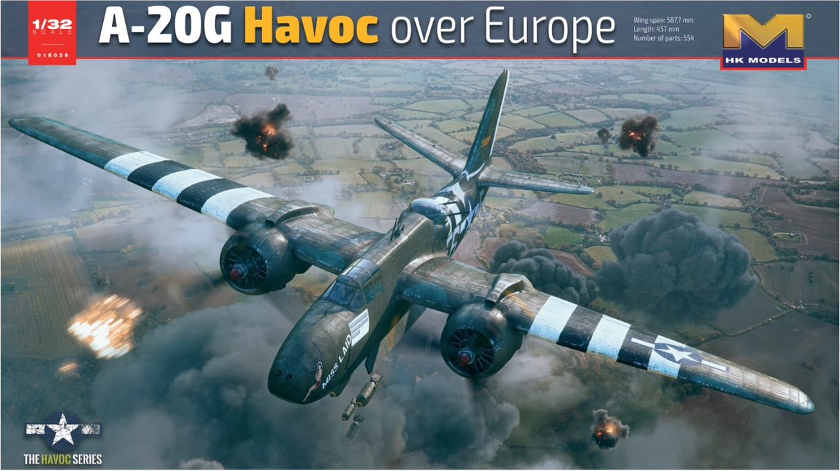 Detailed scale model of the A-20G Havoc aircraft soaring over European skies during WWII, featuring striking camouflage and intricate details.