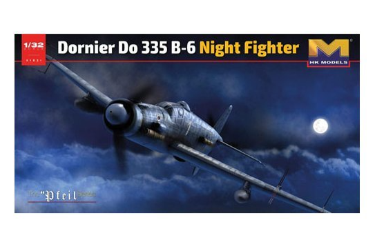 Detailed 1/32 scale Dornier Do 335 B-6 Night Fighter model, featuring the aircraft in flight against a night sky with a crescent moon.