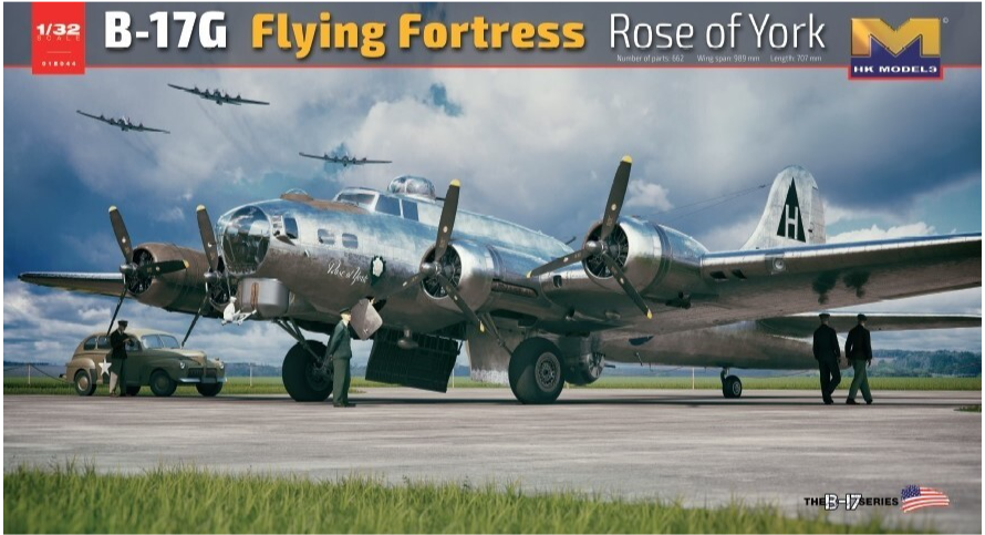 Detailed 1/32 scale model of the iconic B-17G Flying Fortress "Rose of York" bomber aircraft, featuring realistic exterior details.