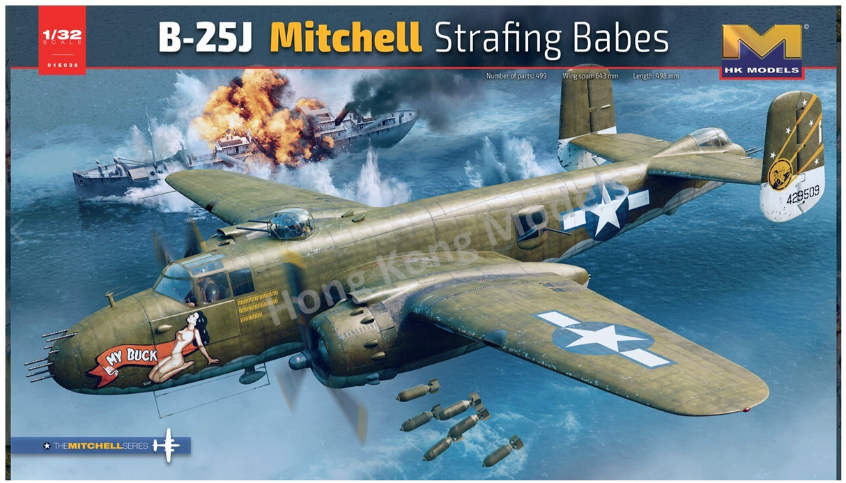 1/32 scale plastic model kit of B-25J Mitchell bomber, featuring "Strafing Babes" nose art, mid-air with bombs and missiles deployed over a battleship.