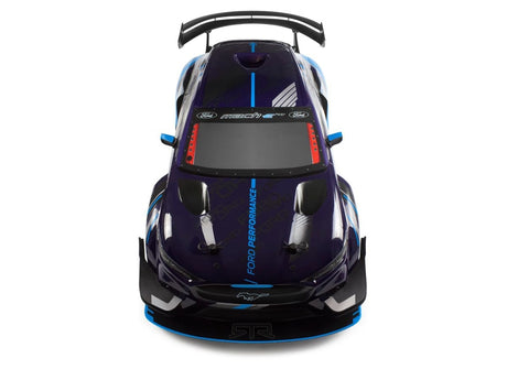 Sleek and powerful HPI 1/10 Sport 3 Ford Mustang Mach-E 1400 4WD Electric Touring Car in striking black and blue design.