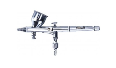Hseng HS-80 0.2mm dual action gravity feed airbrush, chrome plated metal body for precise control.