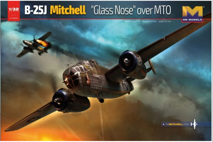 1/32 scale B-25J Mitchell aircraft model kit with glass nose design, featured in dramatic aerial scene against cloudy sky.
