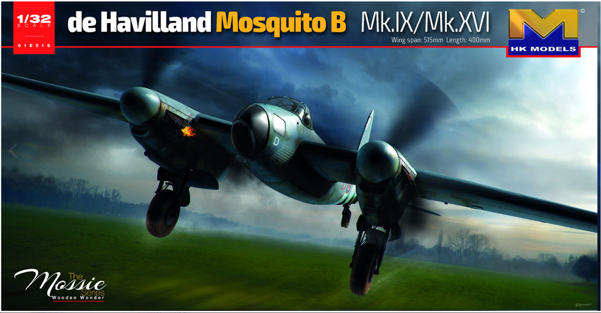 Highly detailed 1/32 scale de Havilland Mosquito B. Mk IX, XVI plastic model kit by Hong Kong Models, featuring the iconic British WWII twin-engine fighter-bomber in a dramatic outdoor setting.