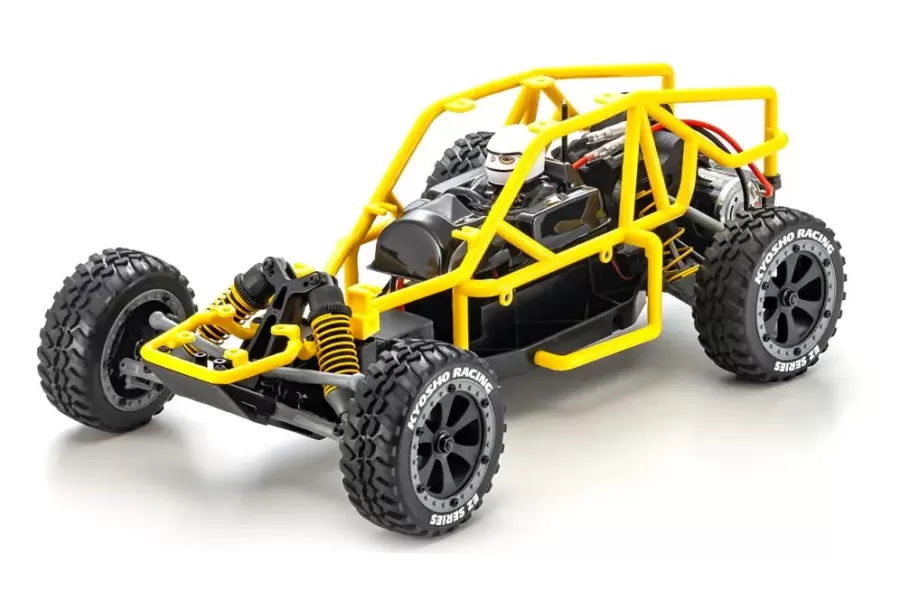 High-performance electric RC buggy with sleek yellow and black design, rugged off-road tires, and powerful engine for thrilling outdoor adventures.