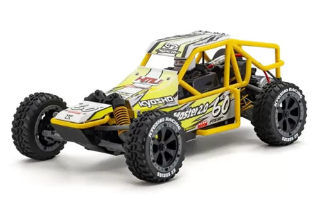 Kyosho 1/10 Sandmaster 2.0 Electric RTR RC Buggy - Yellow, featuring an off-road design with large tires, bright yellow chassis, and detailed graphics for an exciting RC experience.