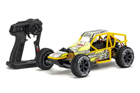 Kyosho 1/10 Sandmaster 2.0 Electric RTR RC Buggy in yellow, ready for high-speed off-road adventures with its powerful remote-controlled design.