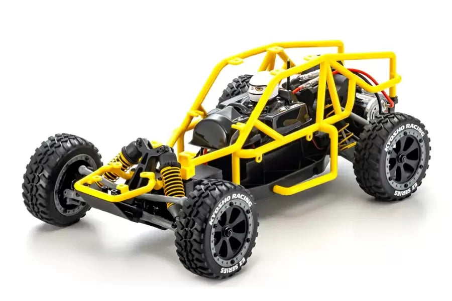Sleek yellow Kyosho 1/10 Sandmaster 2.0 electric RTR RC buggy, featuring an off-road ready chassis and knobby all-terrain tires for high-performance outdoor driving.