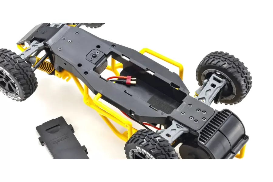 Sleek yellow and black electric RC buggy with chunky all-terrain tires and sturdy metal chassis, ready for off-road adventures.