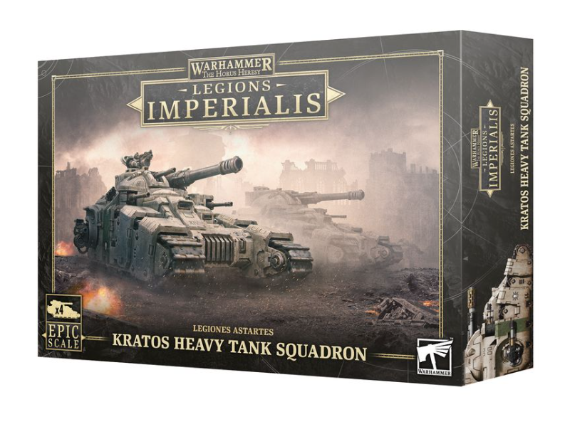 Miniature Kratos heavy tanks in a gritty, militaristic sci-fi setting from the Legions Imperialis range by Games Workshop.
